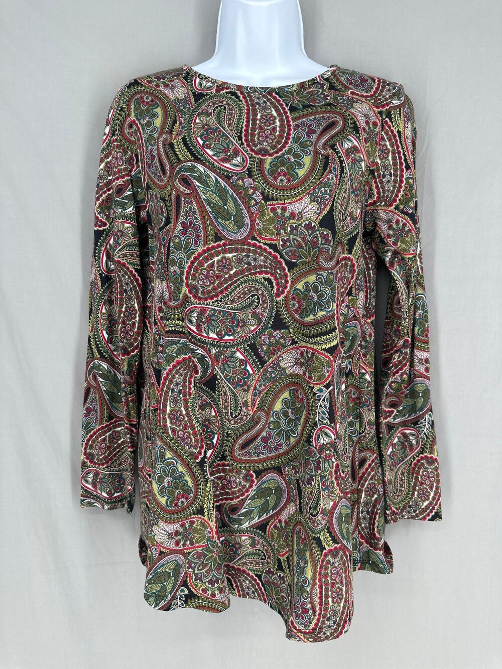J Jill Top XS Black Paisley Tunic Flowy Long Sleeve Bohemian Retro Red Green